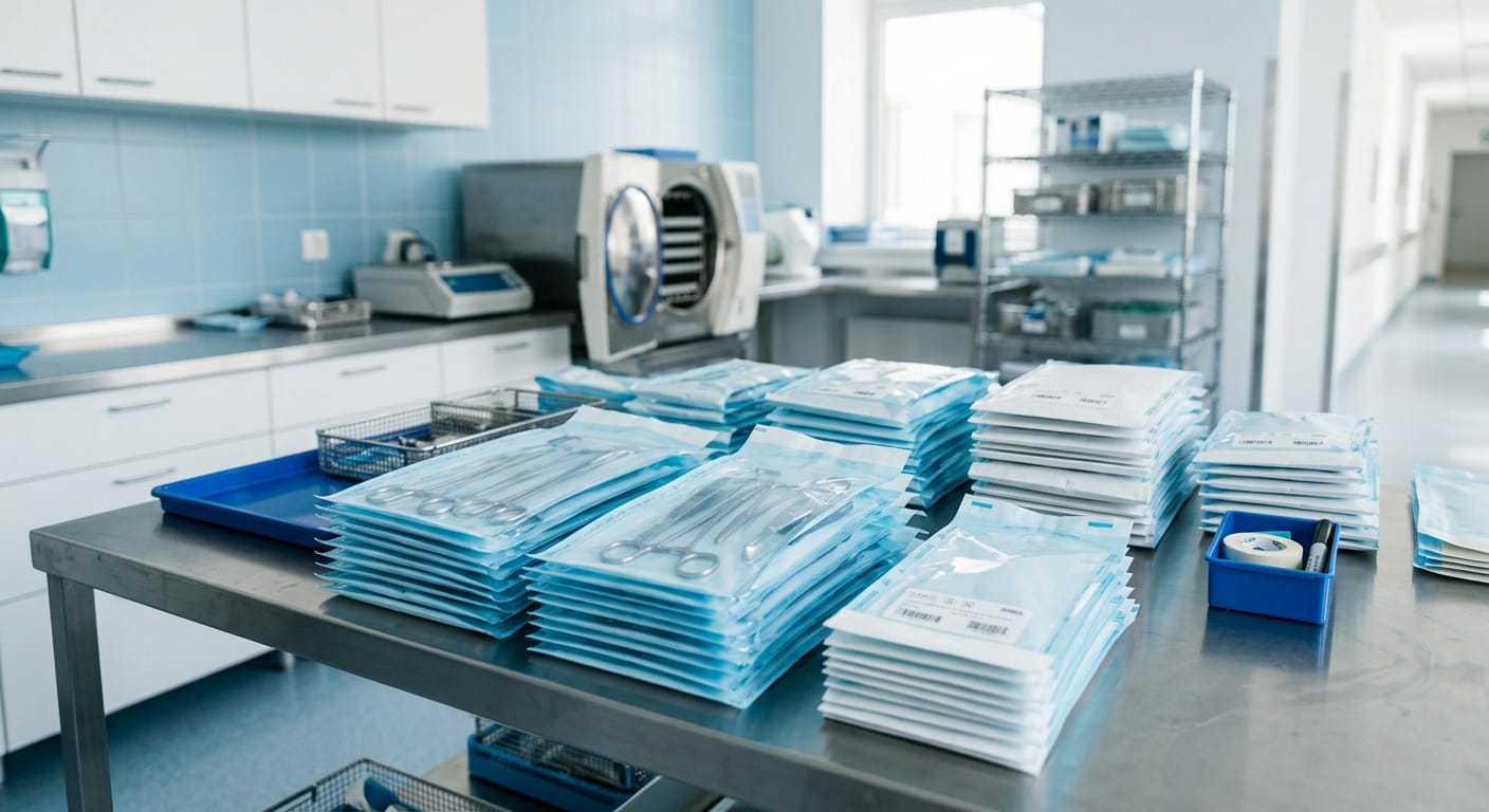 Central de material esterilizado com envelopes de esterilização organizados sobre bancada de inox